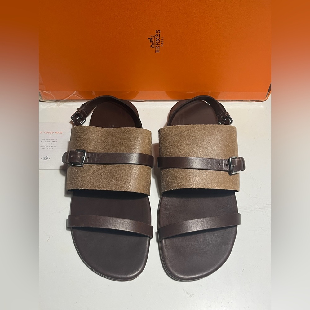 Hermes Brown Suede and Dark Brown Leather Double-Strap Sandals